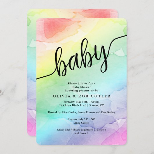 Invitation Baby shower arc-en-ciel Script bébé (Devant / Derrière)