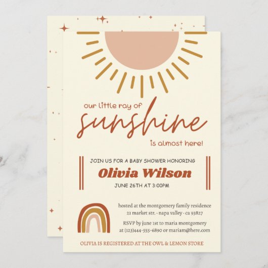 Invitation Baby shower arc-en-ciel Sunshine Boho (Devant / Derrière)