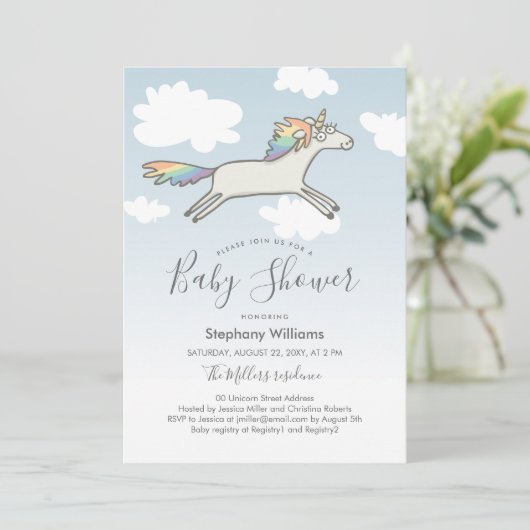 Invitation Baby shower arc-en-ciel Unicorn à main  (Debout devant)