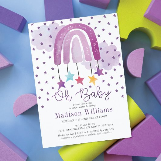 Invitation Baby shower arc-en-ciel violet Pastel