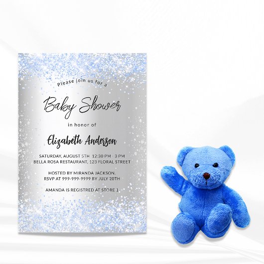 Invitation Baby shower argent bleu garçon confetti arroser