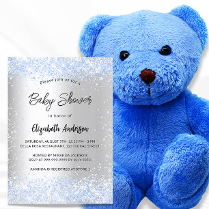 Invitation Baby shower argent bleu garçon confetti luxe