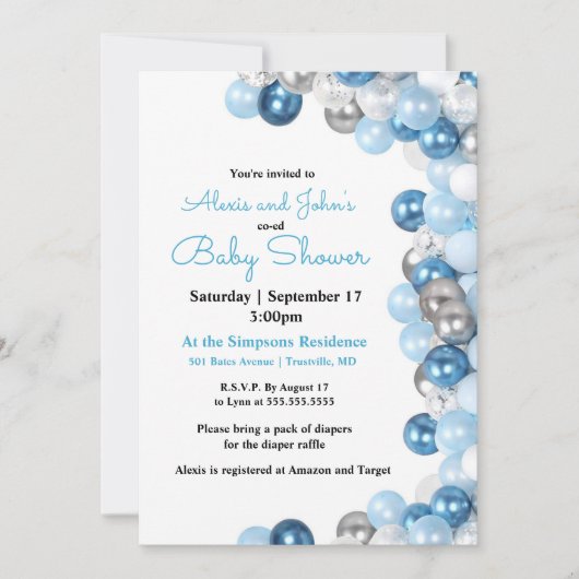 Invitation Baby shower argent et bleu (Devant)