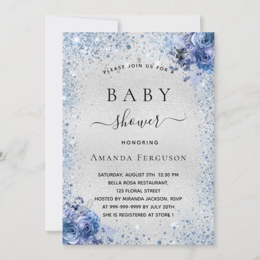 Invitation Baby shower argent parties scintillant florales bl (Devant)