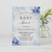 Invitation Baby shower argent parties scintillant florales bl (Debout devant)
