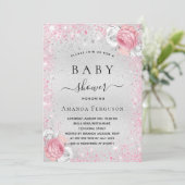 Invitation Baby shower argent parties scintillant rose fille  (Debout devant)
