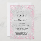 Invitation Baby shower argent parties scintillant rose fille  (Devant)