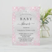 Invitation Baby shower argent parties scintillant rose fille  (Debout devant)