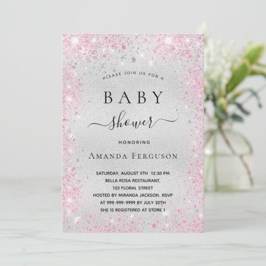 Invitation Baby shower argent parties scintillant rose fille (Debout devant)