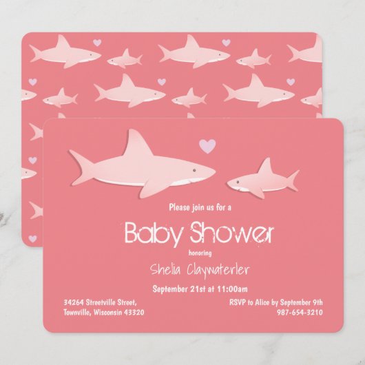 Invitation Baby shower Arrière - plan rose uni aux requins mi (Devant / Derrière)