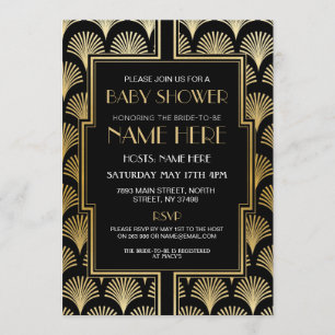 Invitation Baby shower Art déco années 1920 Black & Gold Gats