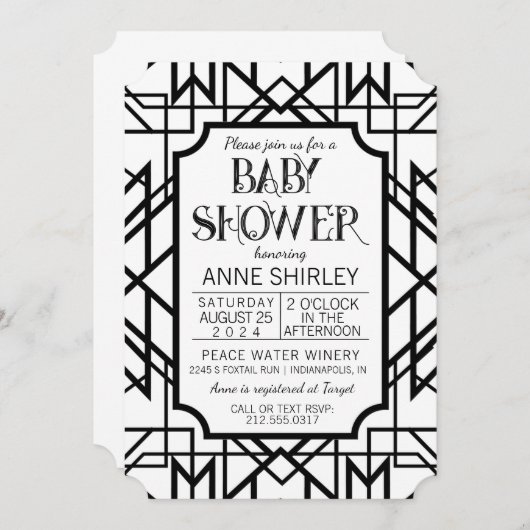 Invitation Baby shower Art déco Gatsby années 1920 (Devant / Derrière)