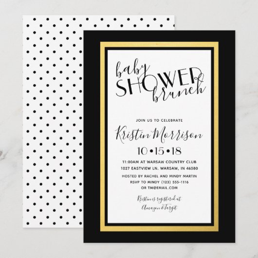 Invitation Baby shower Art Déco Noir & Or (Devant / Derrière)