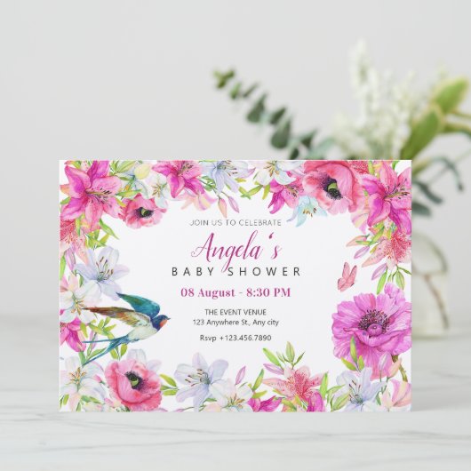Invitation Baby shower artistique à fleurs roses (Debout devant)