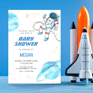 Invitation Baby shower astronaute de l'espace bleu
