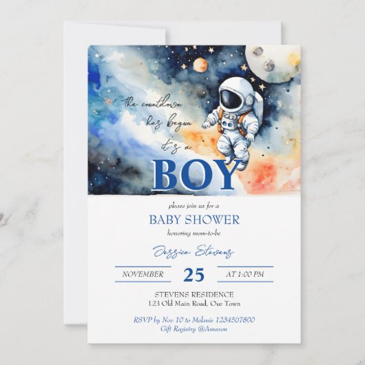 Invitation Baby shower astronaute spatial modèle (Devant)