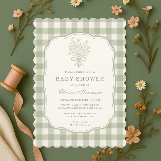 Invitation Baby-Shower au Carreaux Vert Sauge
