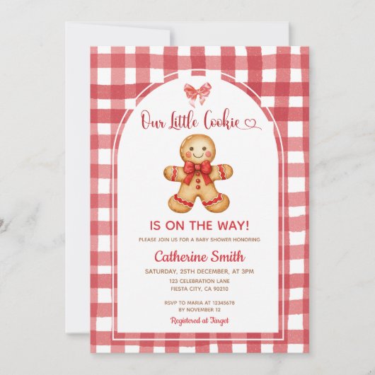 Invitation Baby Shower au Pain d'Épice à Carreaux Rouge Prépa (Devant)