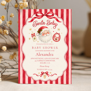 Invitation Baby Shower au Père Noël Rayures Rouges Roses