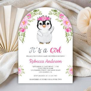 Invitation Baby Shower au Pingouin Floral Aquarelle Rose