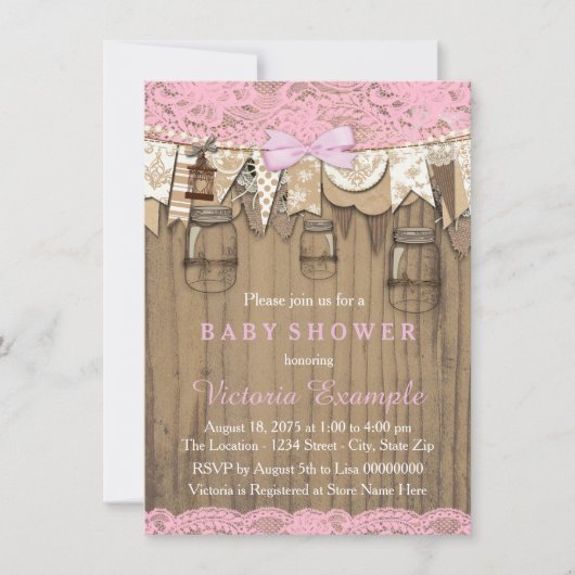 Invitation Baby Shower au Pot Mason avec Dentelle Rustique (Devant)