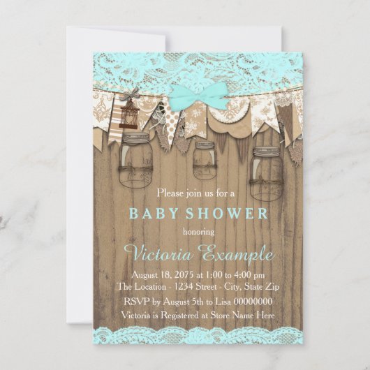 Invitation Baby Shower au Pot Mason avec Dentelle Rustique (Devant)