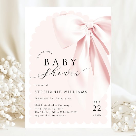 Invitation Baby Shower au Ruban à Nœud Rose