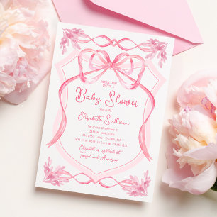 Invitation Baby Shower au Ruban Rose Aquarelle Élégant