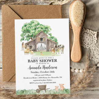 Invitation Baby Shower au Thème Ferme Rustique et Animaux pou