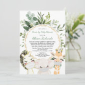 Invitation Baby shower au volant animaux mignons verdure or (Debout devant)