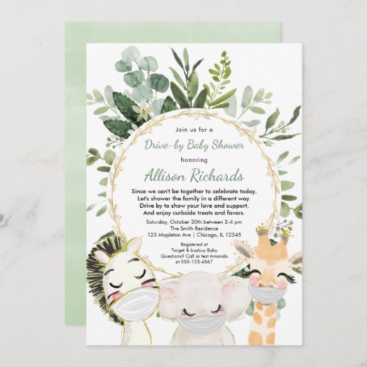 Invitation Baby shower au volant animaux mignons verdure or (Devant / Derrière)