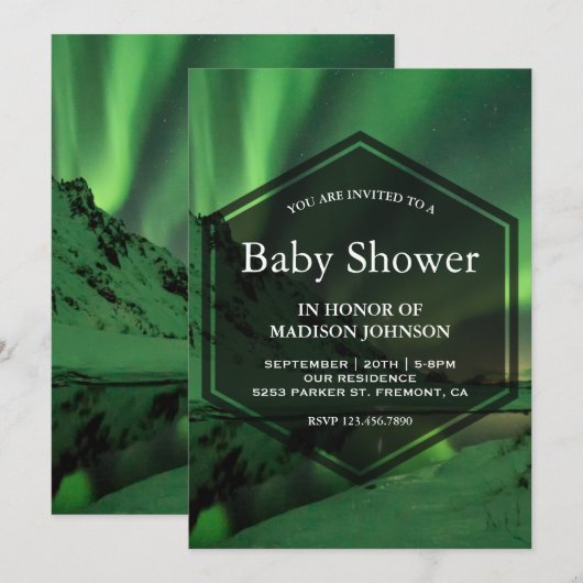 Invitation Baby shower aurora Glacier Northern Lights (Devant / Derrière)