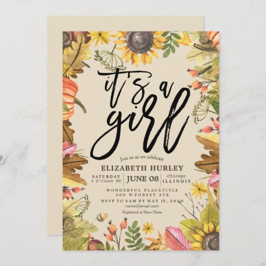 Invitation Baby shower Automne Maple Feuille Citrouille Sunfl (Devant / Derrière)