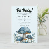 Invitation Baby shower aux champignons bleus (Debout devant)