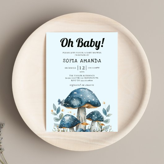 Invitation Baby shower aux champignons bleus