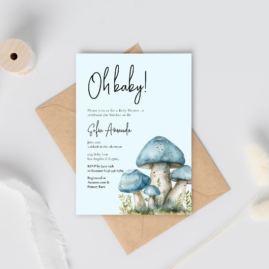 Invitation Baby shower aux champignons bleus