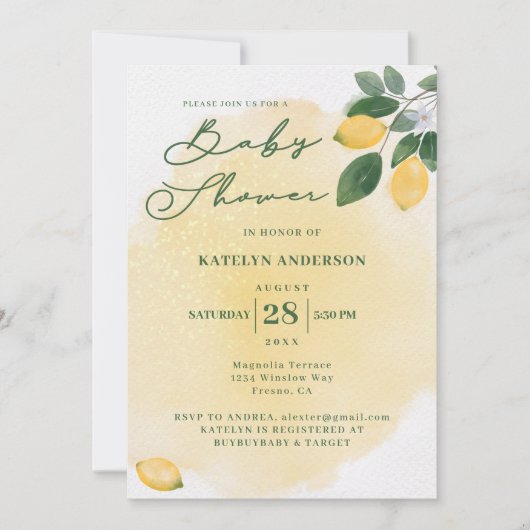 Invitation Baby shower aux citrons aquarelles (Devant)