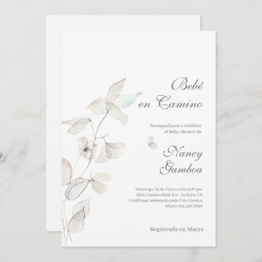 Invitation baby shower aux fleurs blanches (Devant / Derrière)