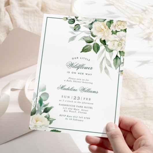 Invitation Baby shower aux fleurs blanches d'Eucalyptus