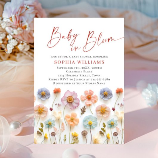 Invitation Baby shower aux fleurs sauvages du Boho rose paste