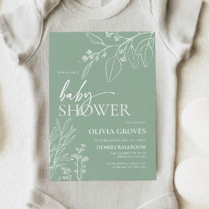 Invitation Baby-Shower aux Fleurs Vert Sauge