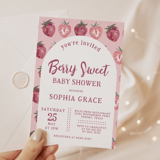 Invitation Baby shower aux fraises roses