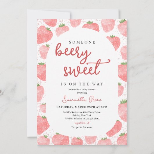 Invitation Baby shower aux fraises roses (Devant)