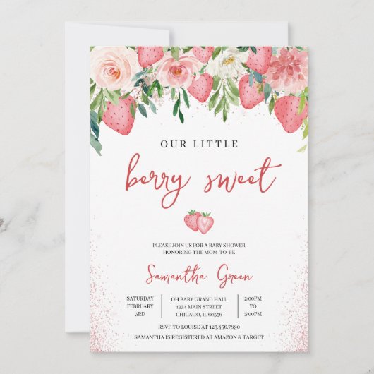 Invitation Baby shower aux fraises roses (Devant)