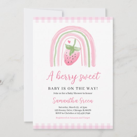 Invitation Baby shower aux fraises roses (Devant)
