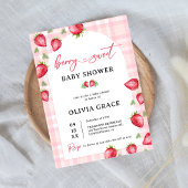 Invitation Baby shower aux fraises roses En vichy