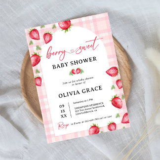 Invitation Baby shower aux fraises roses En vichy