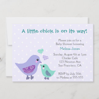 Invitation Baby shower aux oiseaux bleus et mauves