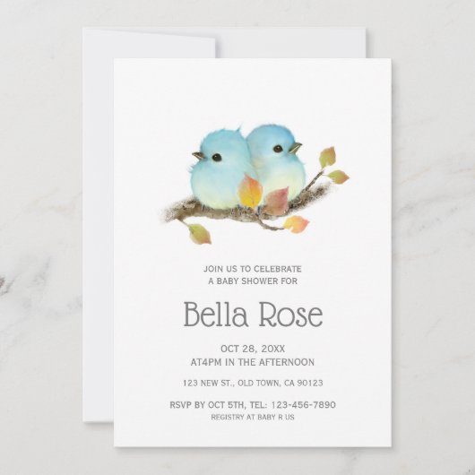 Invitation Baby shower aux oiseaux bleus mignons (Devant)