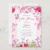 Invitation Baby shower aux papillons aux fleurs roses (Devant)